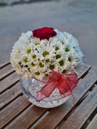 Cam Fanusta Krizantemler ve Gül - Kütahya Çiçek Siparişi